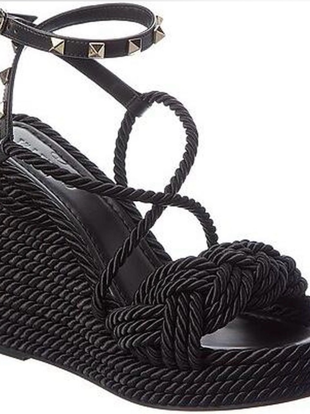 Valentino Garavani Black Twisted Rope Wedge Sandals with Studded Ankle Strap